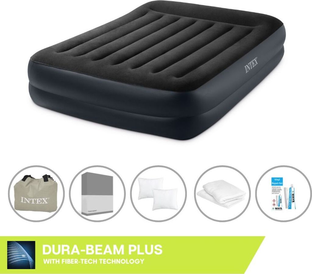 Intex Luftbett - 2 Personen - 152 x 203 x 42 cm - Blau - Mit Pumpe, Spannbettlaken Anthrazit, Kopfkissen, Molton 2 in 1 Kissenbezüge en Reperaturset