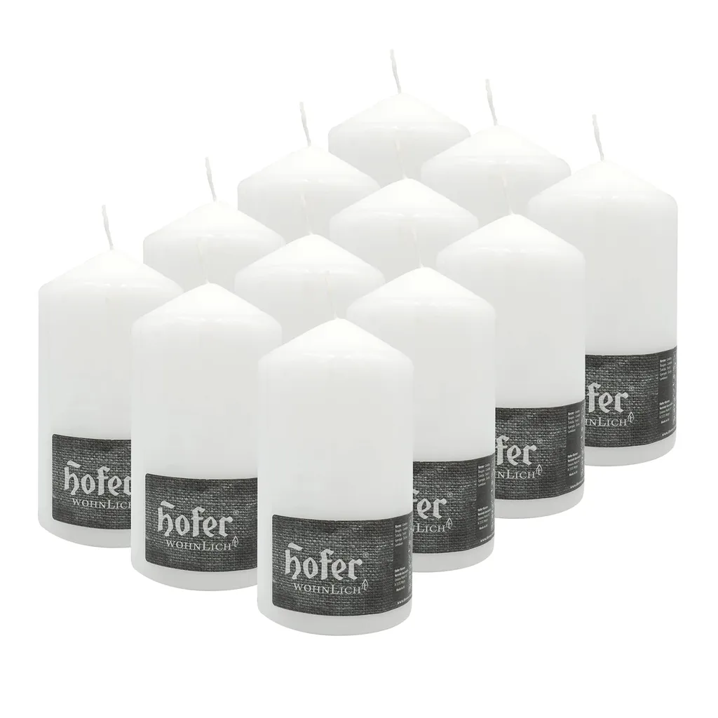 HOFER Set di 12 candele a colonna - 60 ore di combustione - Candele a blocco bianche Ø8x15 cm - Senza gocciolamento e senza profumo