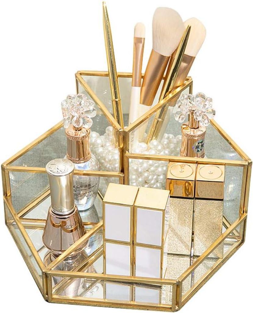 Schönheits-Deko, transparenter Kosmetikkasten - Gold und Glas - zum Organisieren von Schmuck, Bürsten (Gold)