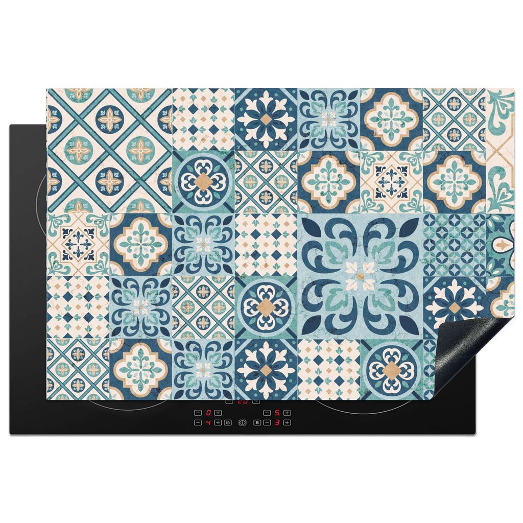 KitchenYeah Herdabdeckplatte Blumen - Blau - Design - Fliese , 78x52cm, Küche Deko, Glaskeramikkochfeld Herdabdeckung, Abdeckplatte fùr Kochfeld