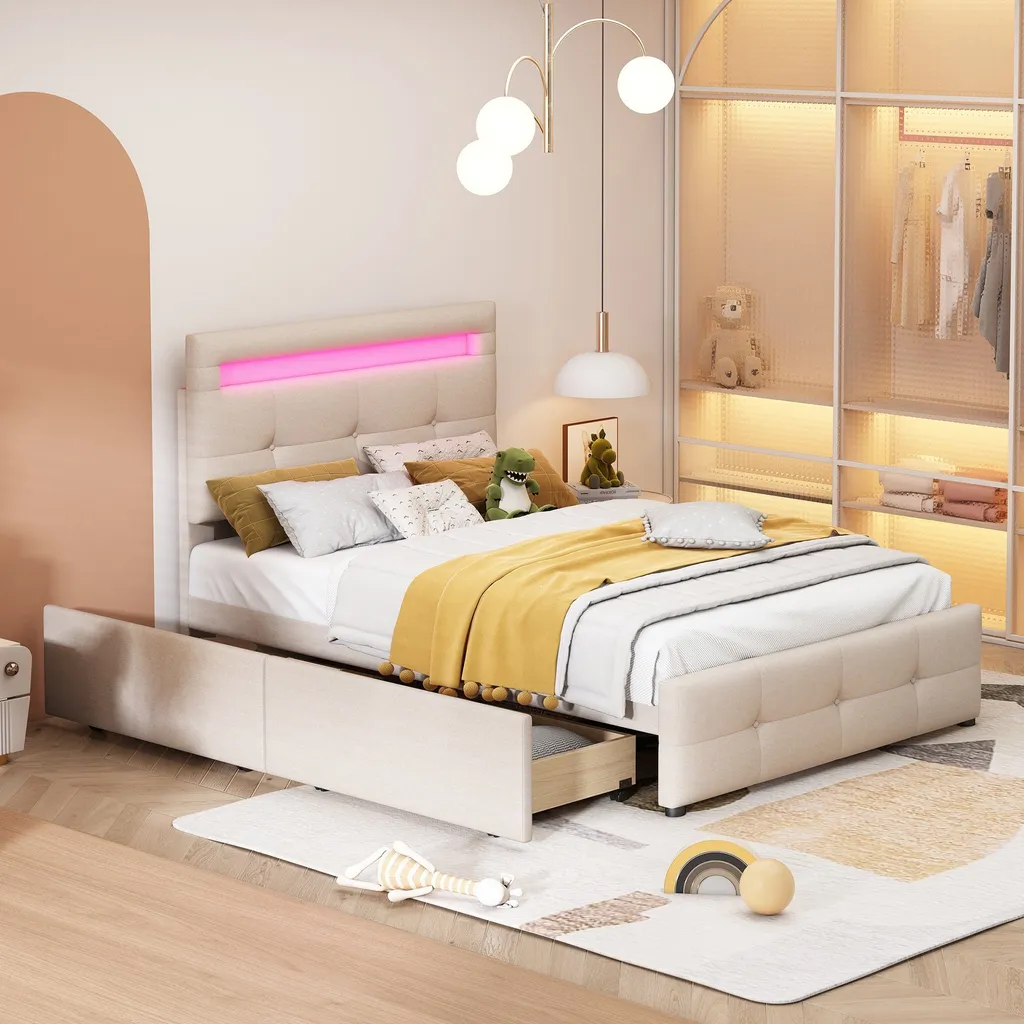 Lit rembourré 90x200cm avec LED idéal pour optimiser les petits espaces