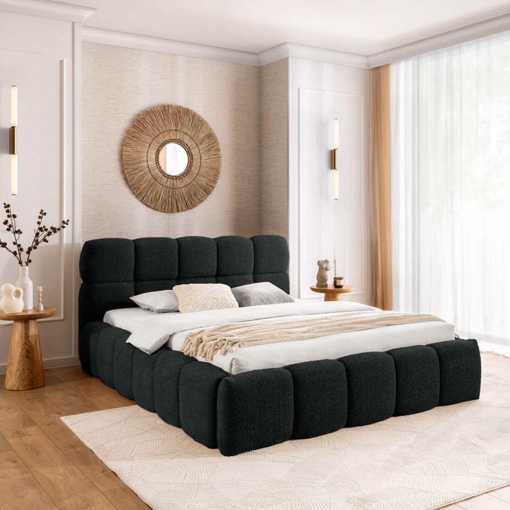 Polsterbett SOFIA 180x200 - mit Bettkasten, Doppelbett mit Stauraum und Lattenrost, Boxspringbett-Optik, ohne Matratze, Bett - Schwarz