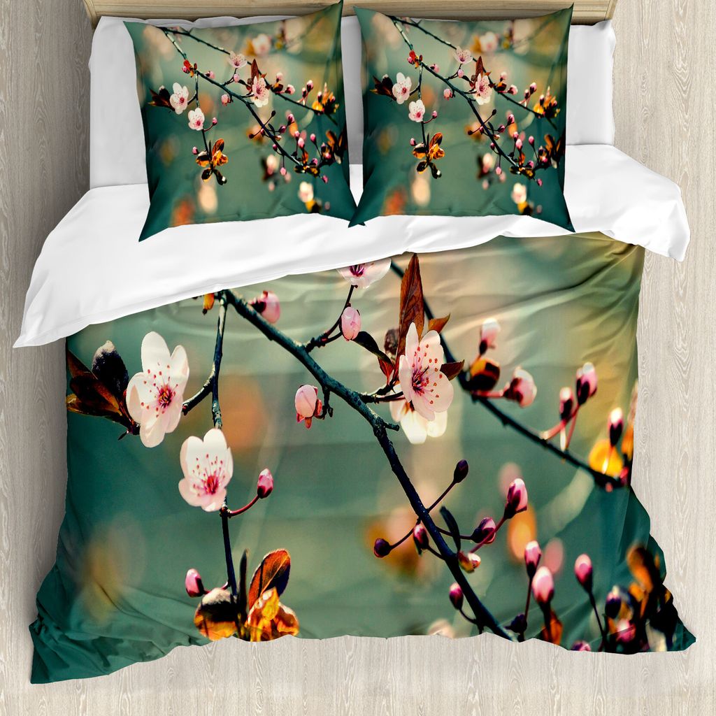 ABAKUHAUS japanisch Bettbezugs Set Für Doppelbetten, Rosa Kirsche Sakuras, Milbensicher Allergiker geeignet mit Kissenbezügen, Orange Weiß Grün