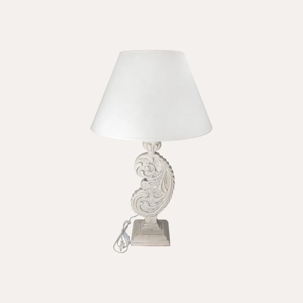 Lampe Shabby Chic Pied en Bois Vieilli 45cm avec Abat-jour en Tissu
