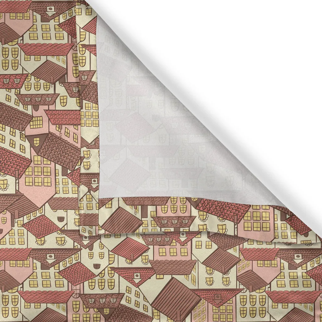 ABAKUHAUS Tenda con occhielli astratta, motivo casa di città con tetto freddo ricoperto di tegole, architettura urbana, vita cittadina, tende decorative a 2 pannelli per finestre, 280 cm x 245 cm, crema corallo cioccolato - 3
