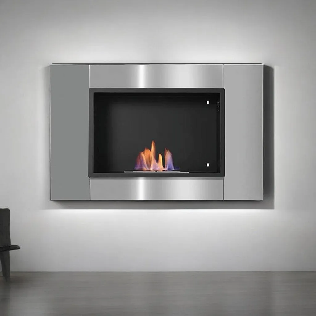 Cheminée bioéthanol murale pour salon moderne - Foyer design argent 80 cm
