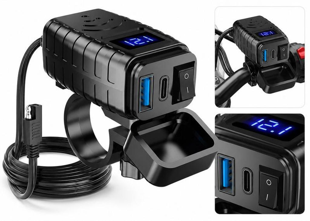 Motorrad USB Ladegerät PD 30W + QC 18W, wasserdicht IP66, mit Schalter und Spannungsanzeige für Lenkermontage