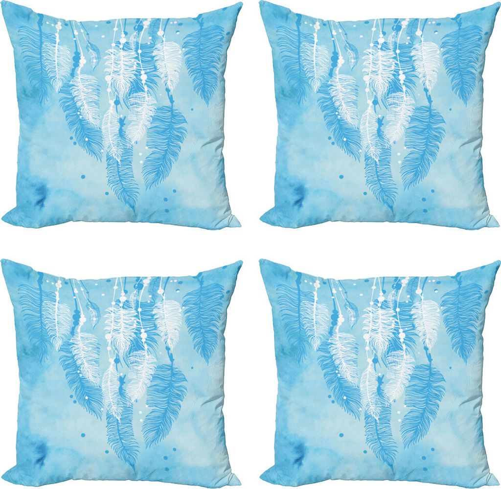 ABAKUHAUS Stammes Kissenbezug Set (4 Stück), Boho Feder, Moderner Doppelseitiger Digitaldruck, 45 cm x 45 cm, Blau Weiss