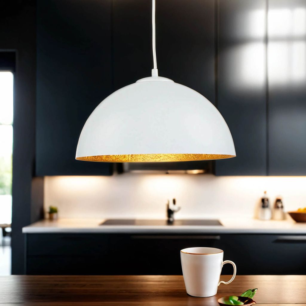 Pendelleuchte Modern "Ferra" Weiß Gold Lackierter StahlKunststoff Hängelampe Wohnzimmer Esstisch