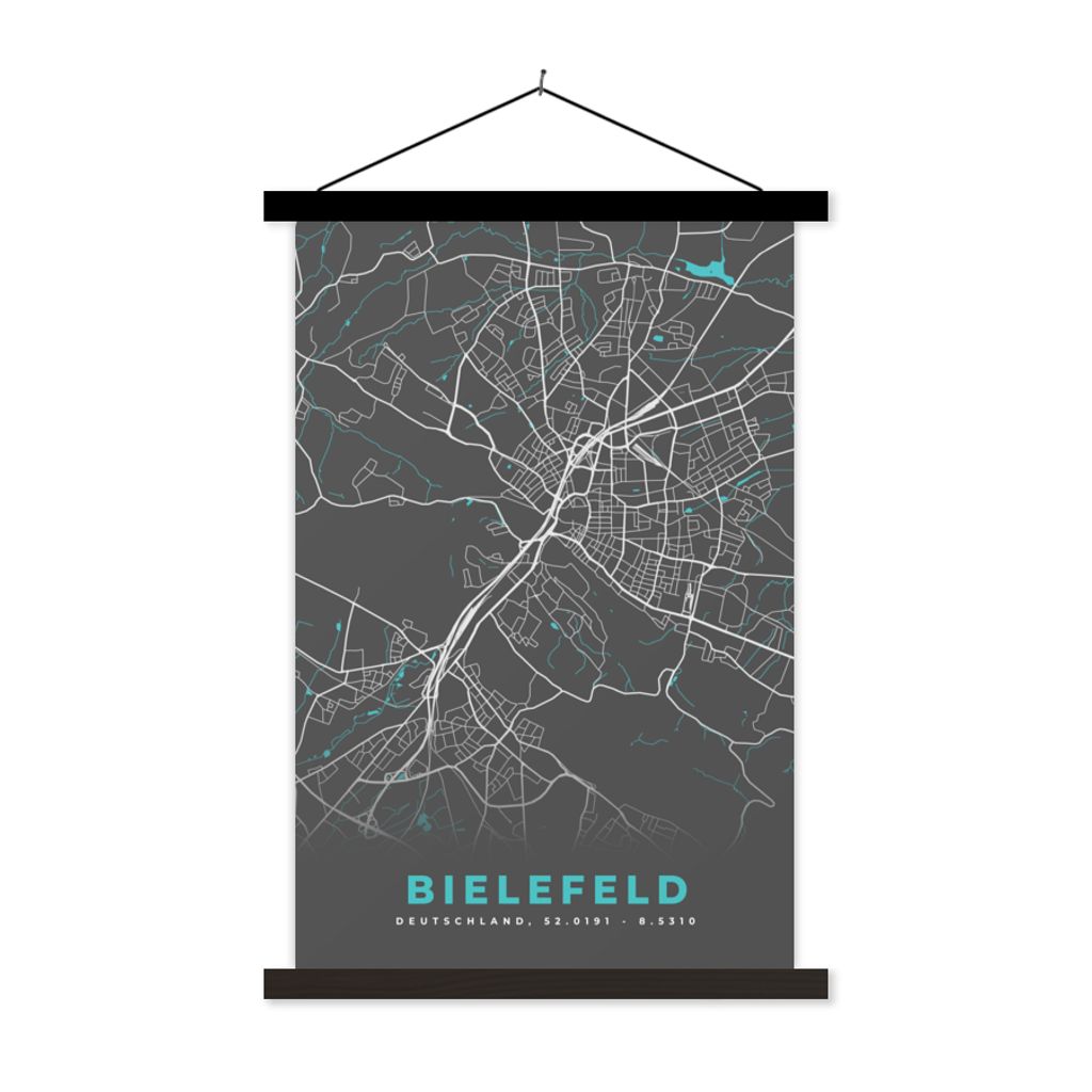 MuchoWow Textilposter Deutschland - Blau - Bielefeld - Stadtplan - Karte 40x60 cm mit schwarzem Rahmen - Wanddekorationen