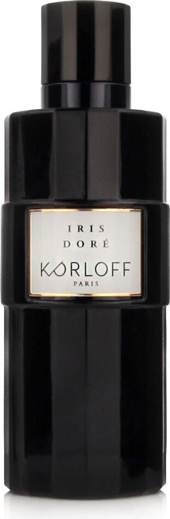 A black bottle of Korloff Paris Iris Doré Eau de Parfum is shown against a white background.