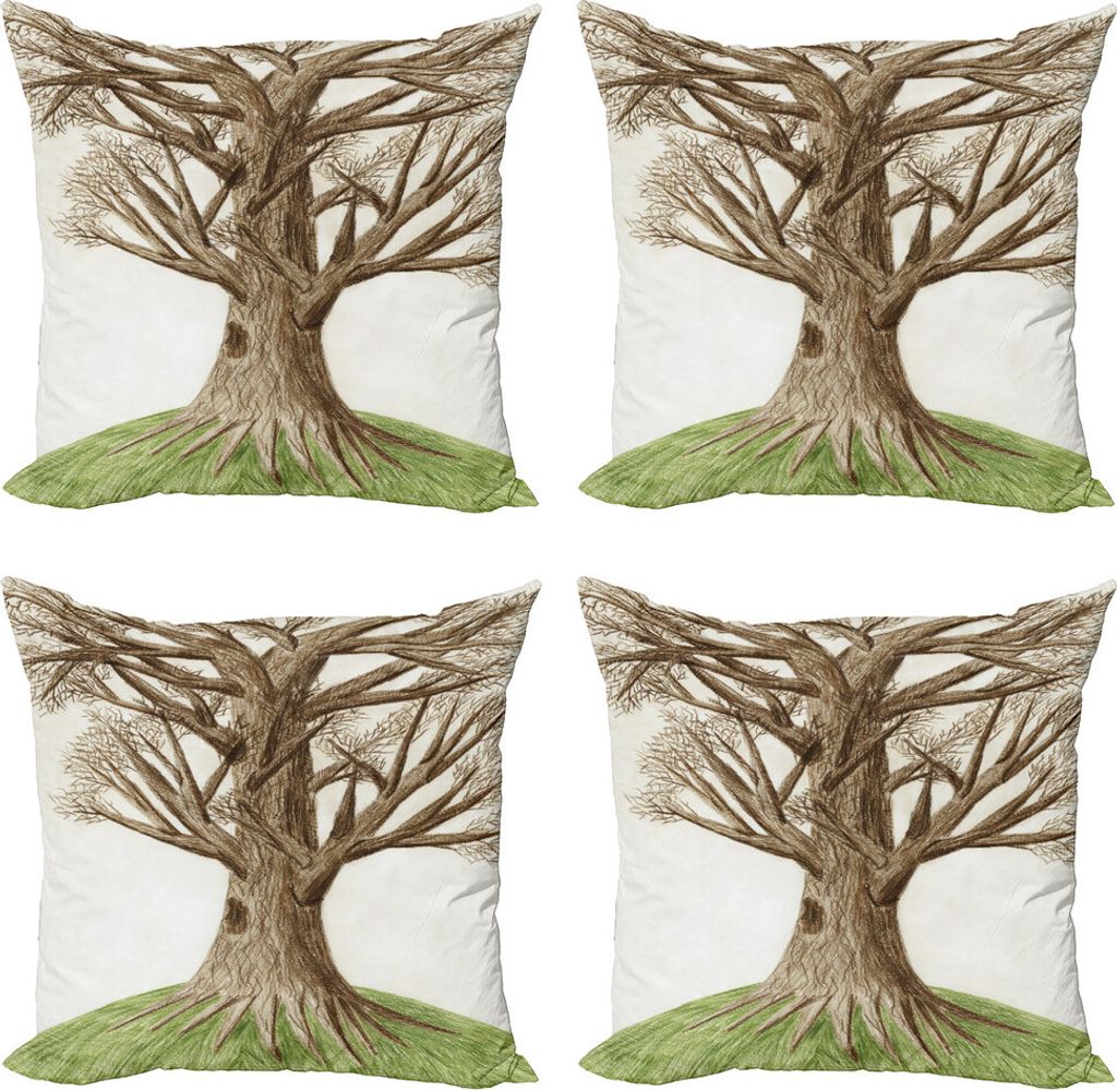 ABAKUHAUS Baum des Lebens Kissenbezug Set (4 Stück), Sketch Nature, Moderner Doppelseitiger Digitaldruck, 50 cm x 50 cm, Grün Braun