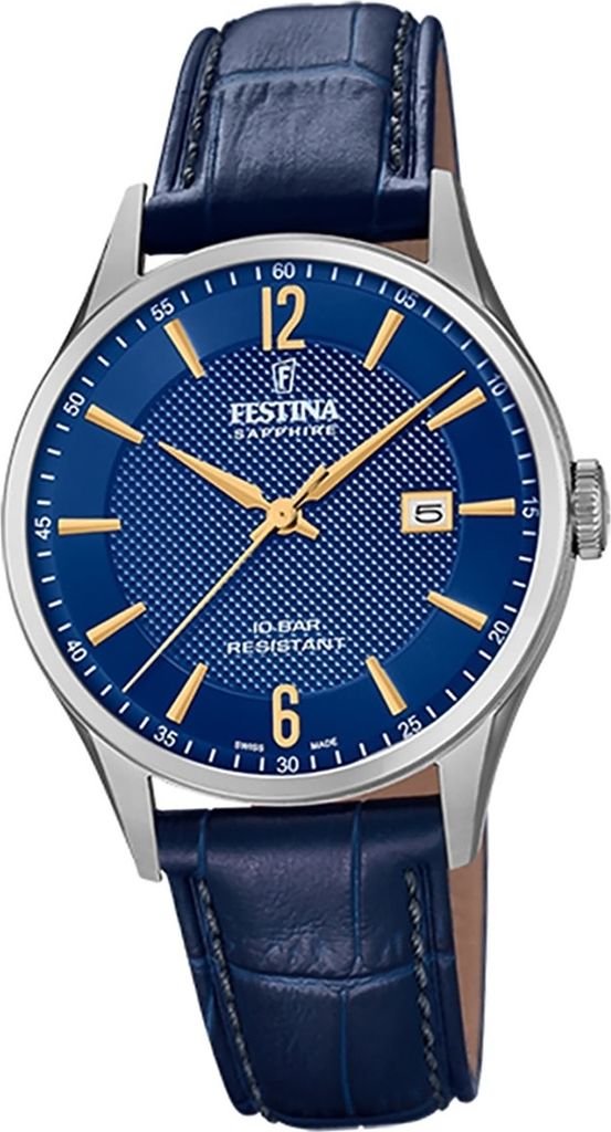 Festina Leder Herren Uhr F20007/3 Analog Armband-Uhr blau Swiss Made D2UF20007/3