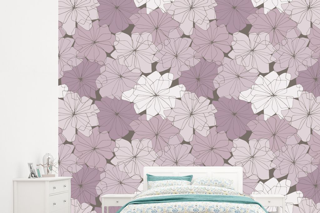 MuchoWow Fototapete für Wohnzimmer oder Schlafzimmer Wandtapete Vinyl Motivtapete Muster - Blumen - Minimalismus - 245x220 cm - Gemustert