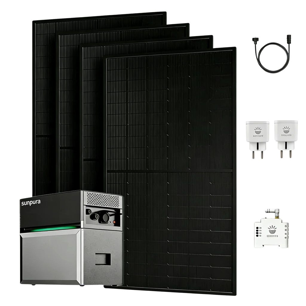 Balkonkraftwerk mit Speicher, Sunpura S2400 All-in-One 2,4 kWh Speicher mit 4x 500Wp Solarmodule und Smart Meter + 2x Smart Plug (0% MwSt)