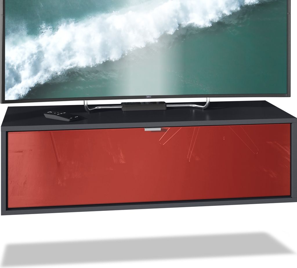 Vladon TV Board Lana 100 Hängeschrank Lowboard 100 x 29 x 37 cm, Germany, Korpus in Schwarz matt, Fronten in Bordeaux Hochglanz | Große Farbauswahl