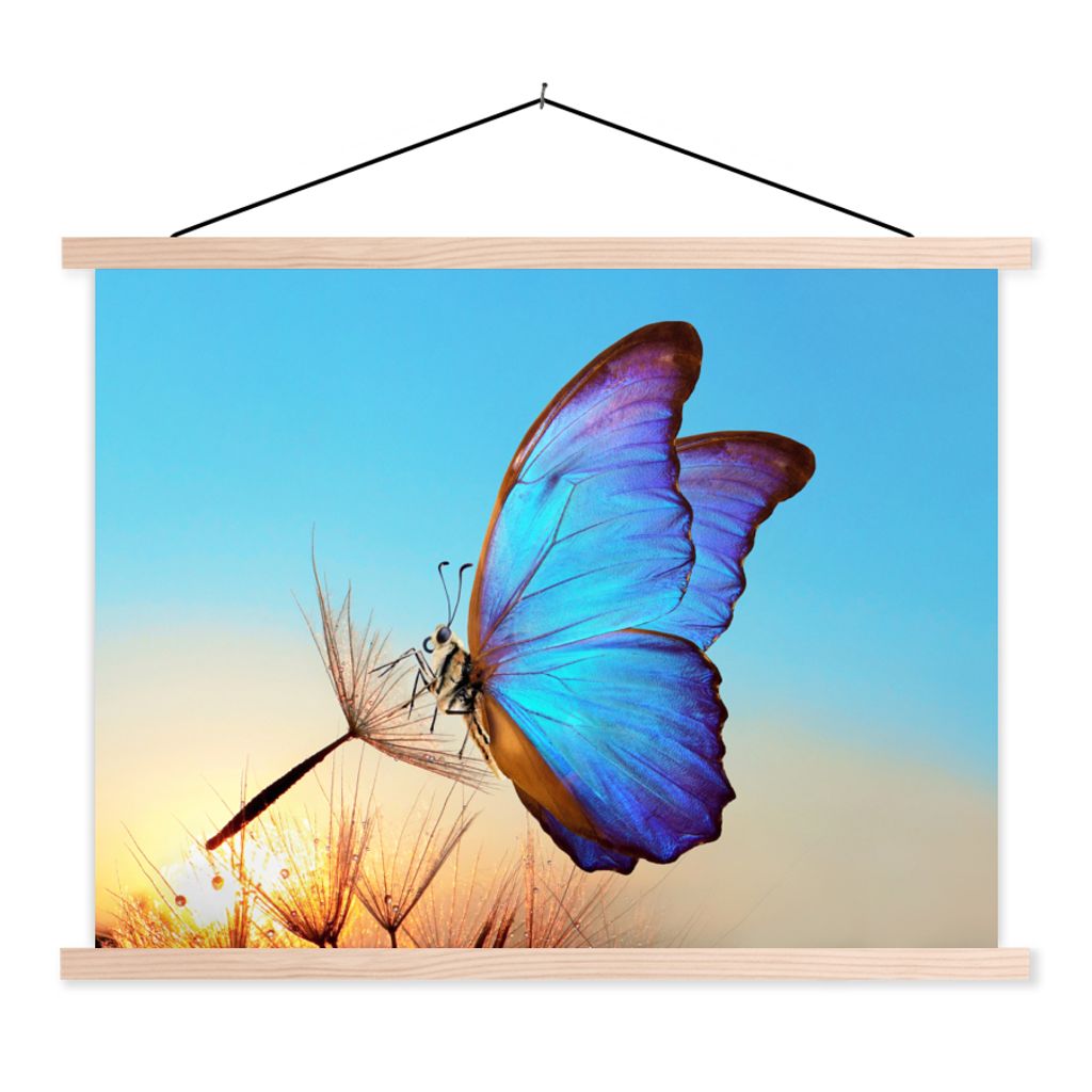 MuchoWow Textilposter Schmetterling - Löwenzahn - Blau 120x90 cm mit holzfarbenen Rahmen - Magnetisch