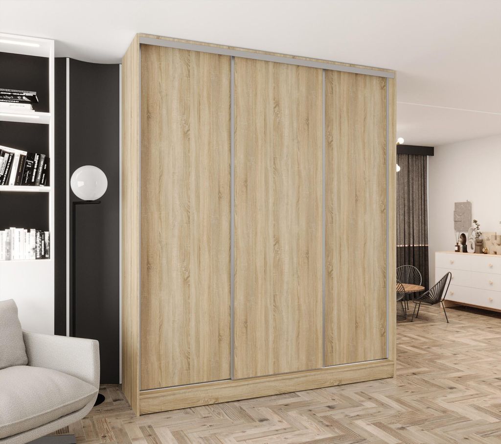 Schwebetürenschrank 3-türig 150x250x58 cm Eiche Sonoma mit 4 Schubladen – Moderner Kleiderschrank für Schlafzimmer und Flur