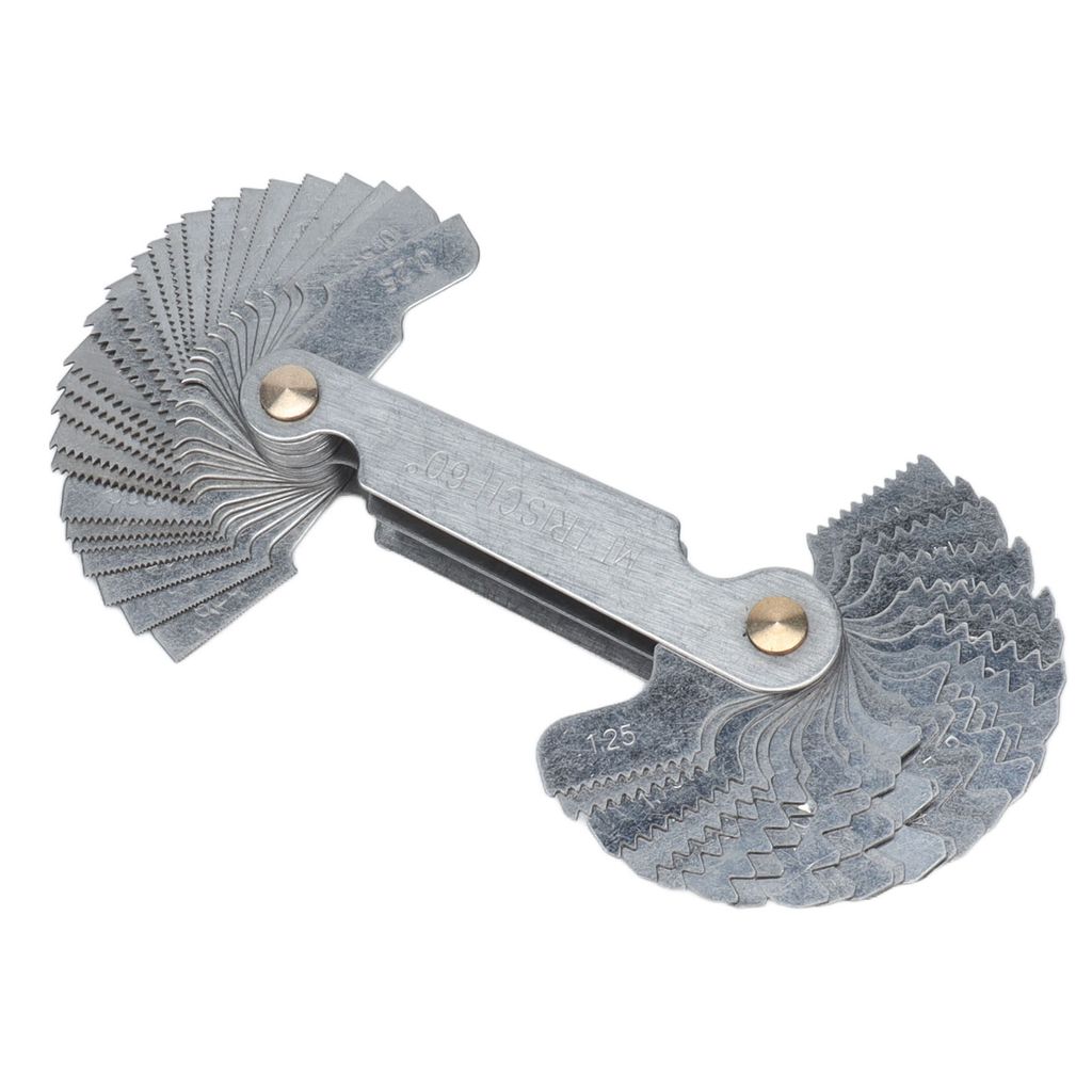 A set of metal thread pitch gauges is shown on a white background.