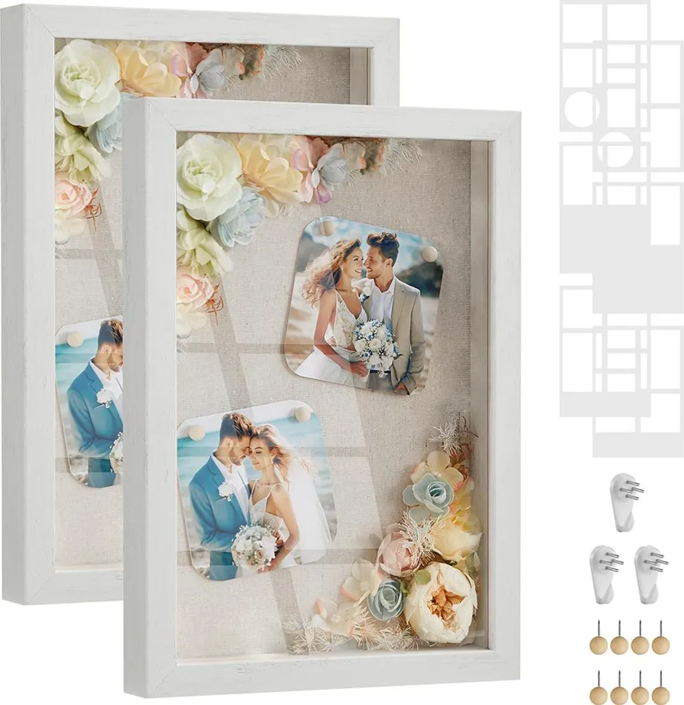 Lot de 2 cadres photo blancs vintage à remplir avec crochets muraux