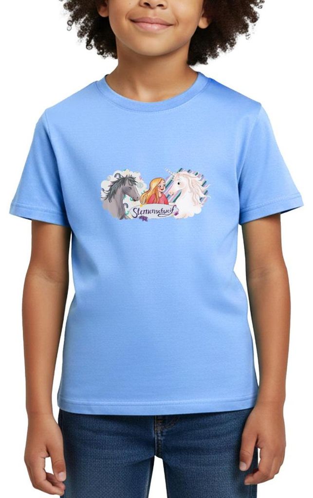 Spreadshirt Sternenschweif Laura Mit Pferd Und Einhorn Kinder T-Shirt, 110/116 (5-6 Jahre), Himmelblau