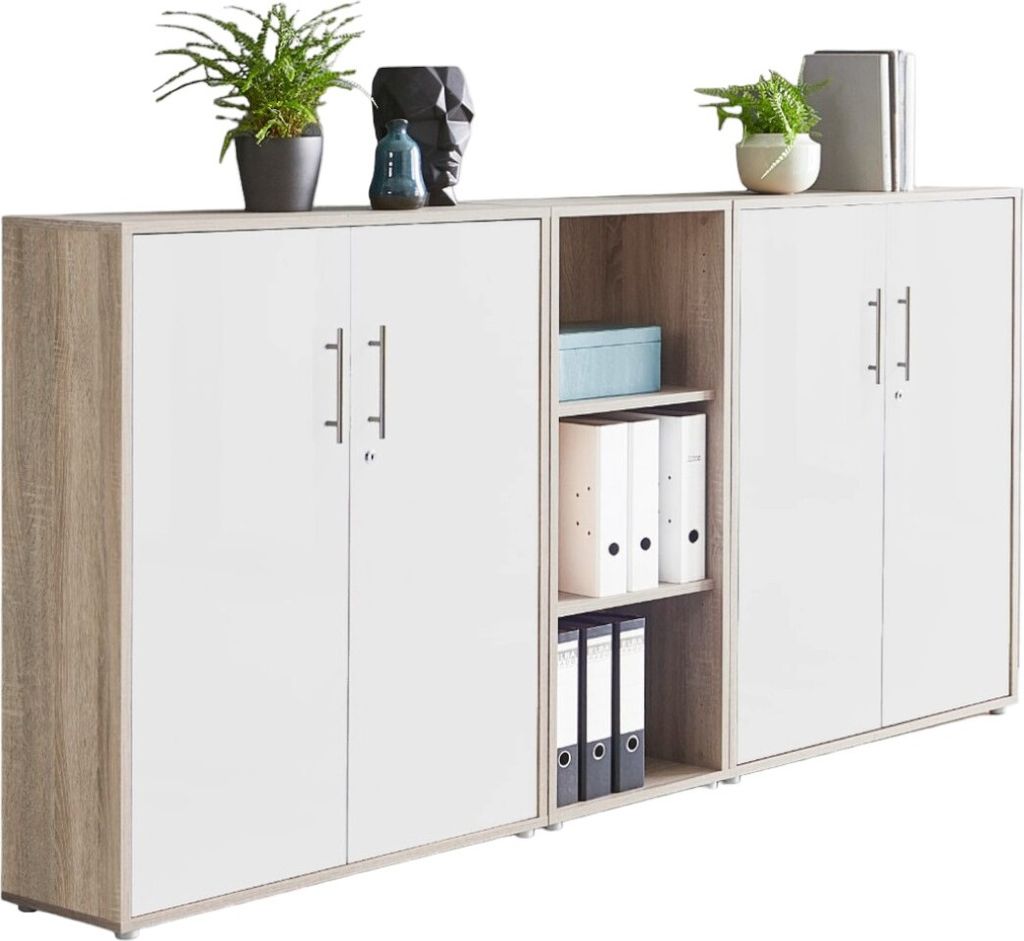 Aktenschrank TABOR 8 in Eiche Sonoma / weiß matt, Schrankwand, Büroschrank, abschließbar, Metallgriffe