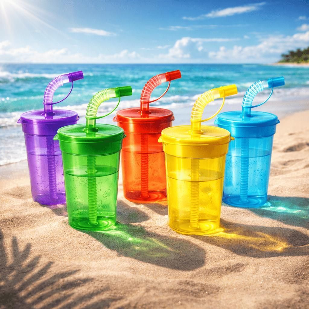 12 Kinderbecher Trinkbecher mit Deckel & Strohhalm