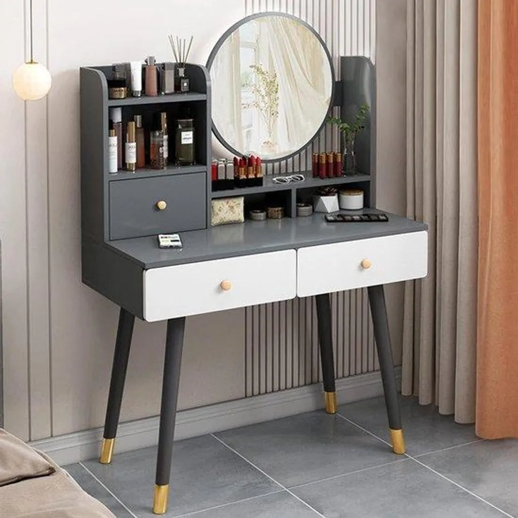 Petit meuble coiffeuse pour chambre, bois gris avec miroir, 80x40 cm