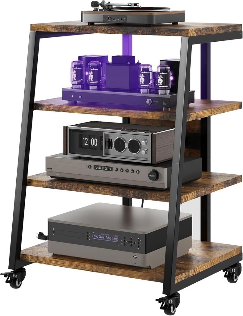 4-stufiger HiFi Rack 60x52x78 cm mit Rädern, Plattenspieler Tisch Schrank mit Steckdosenleisten, LED, Verstellbaren Ablage Holz Medienständer Regal