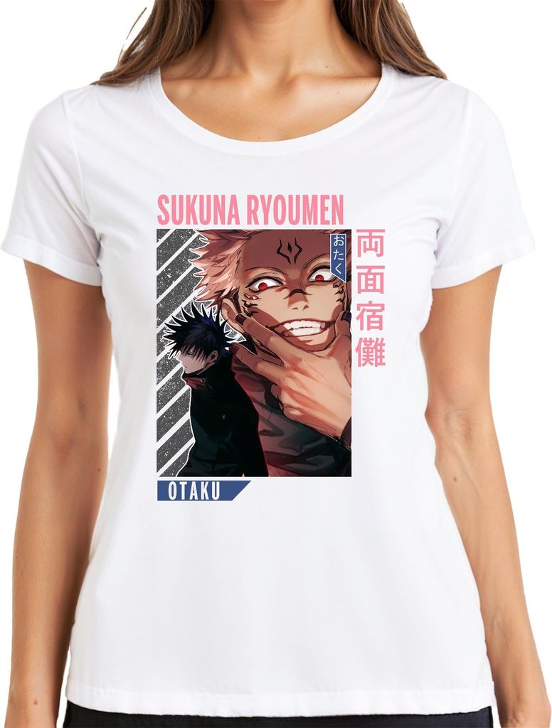 Sukuna Ryoumen Jujutsu Kaisen Dämon Rotaugen Otaku Anime Ästhetik Damen T-Shirt, Weiß, L