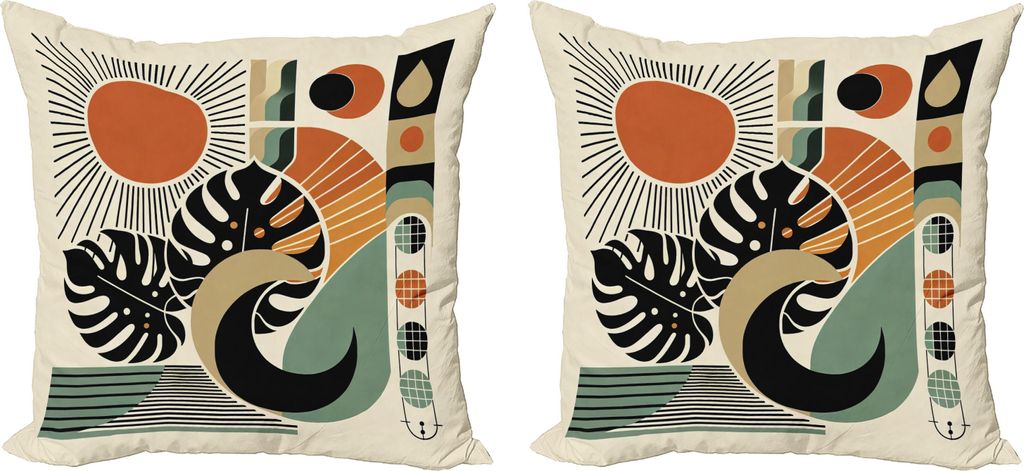 ABAKUHAUS Monstera Kissenbezug Set (2Stück), Geometrische Formen Sonnensymbole und Natur Abstrakt Boho Mid Century Stil, 50 x 50 cm, Zimt Schwarz ...