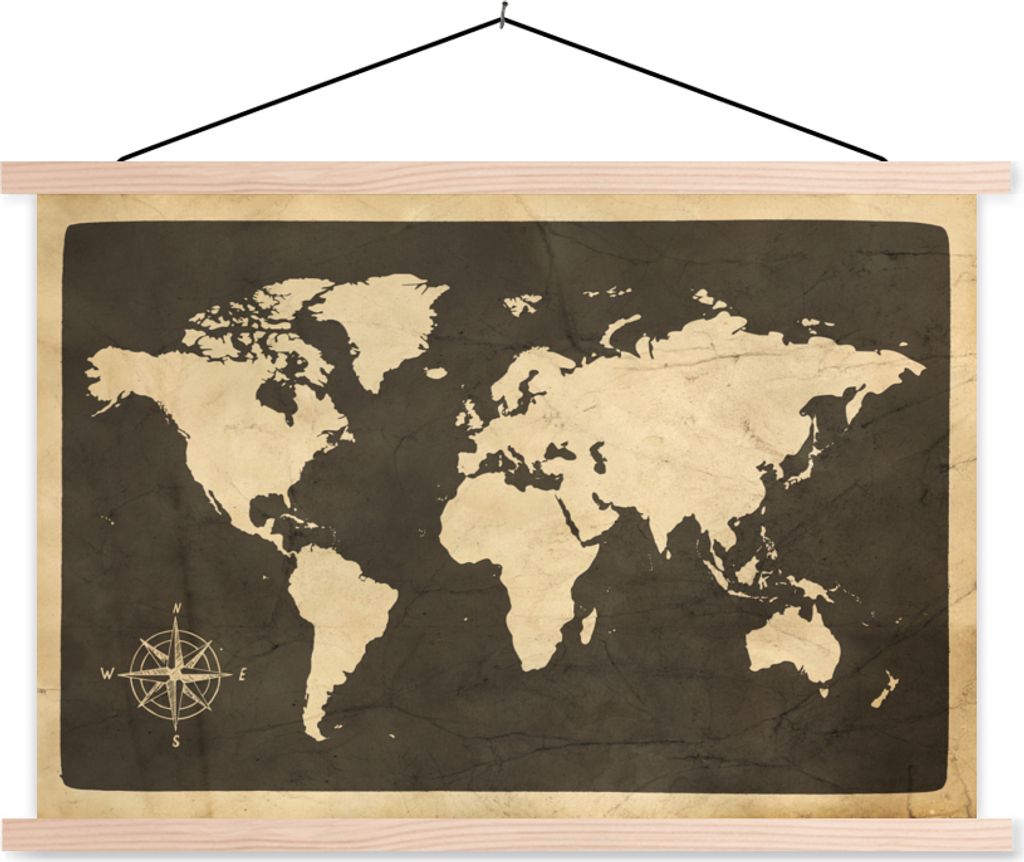 MuchoWow Textilposter Weltkarte - Kompassrose - Vintage 60x40 cm mit holzfarbenen Rahmen - Bilder