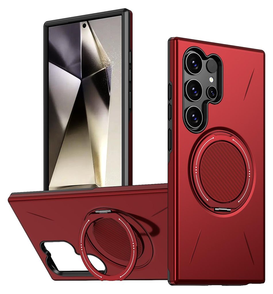 Magnetisch Hülle für Samsung Galaxy S24 Ultra, Stoßfeste Weich TPU und Hard PC Schutzhülle mit Ringhalter Ständer Rot