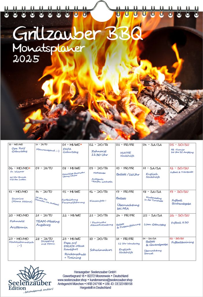 Grillzauber BBQ Planer DIN A4 Kalender für 2025 Feuer Flammen Grillen - Seelenzauber