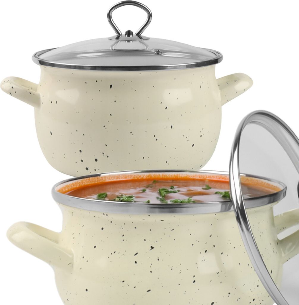 Two cream-colored pots with black speckles and silver rims, one with a glass lid and the other filled with soup.