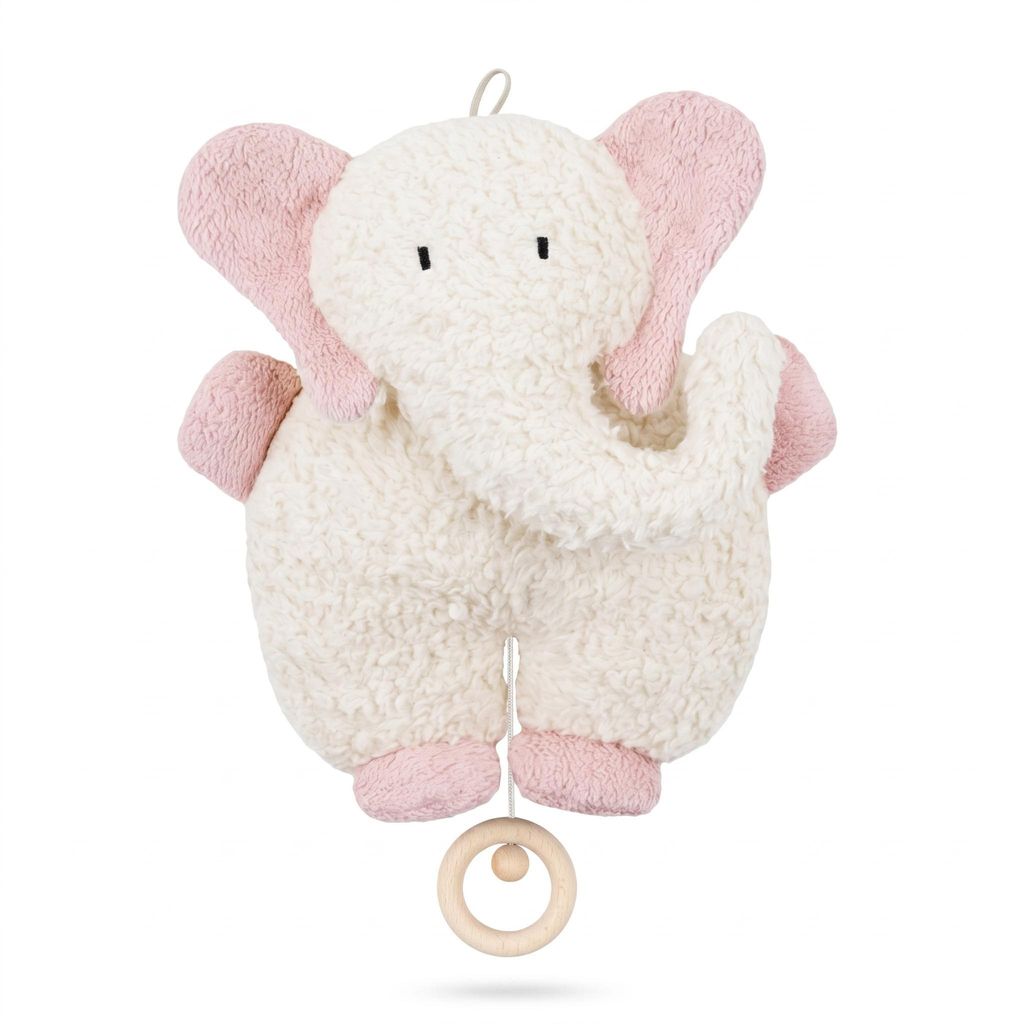 Efie Baby Spieluhr Elefant rosa – Melodie Weist Du wieviel Sternlein stehen, Kuschelspieluhr aus kbA Baumwolle, Germany