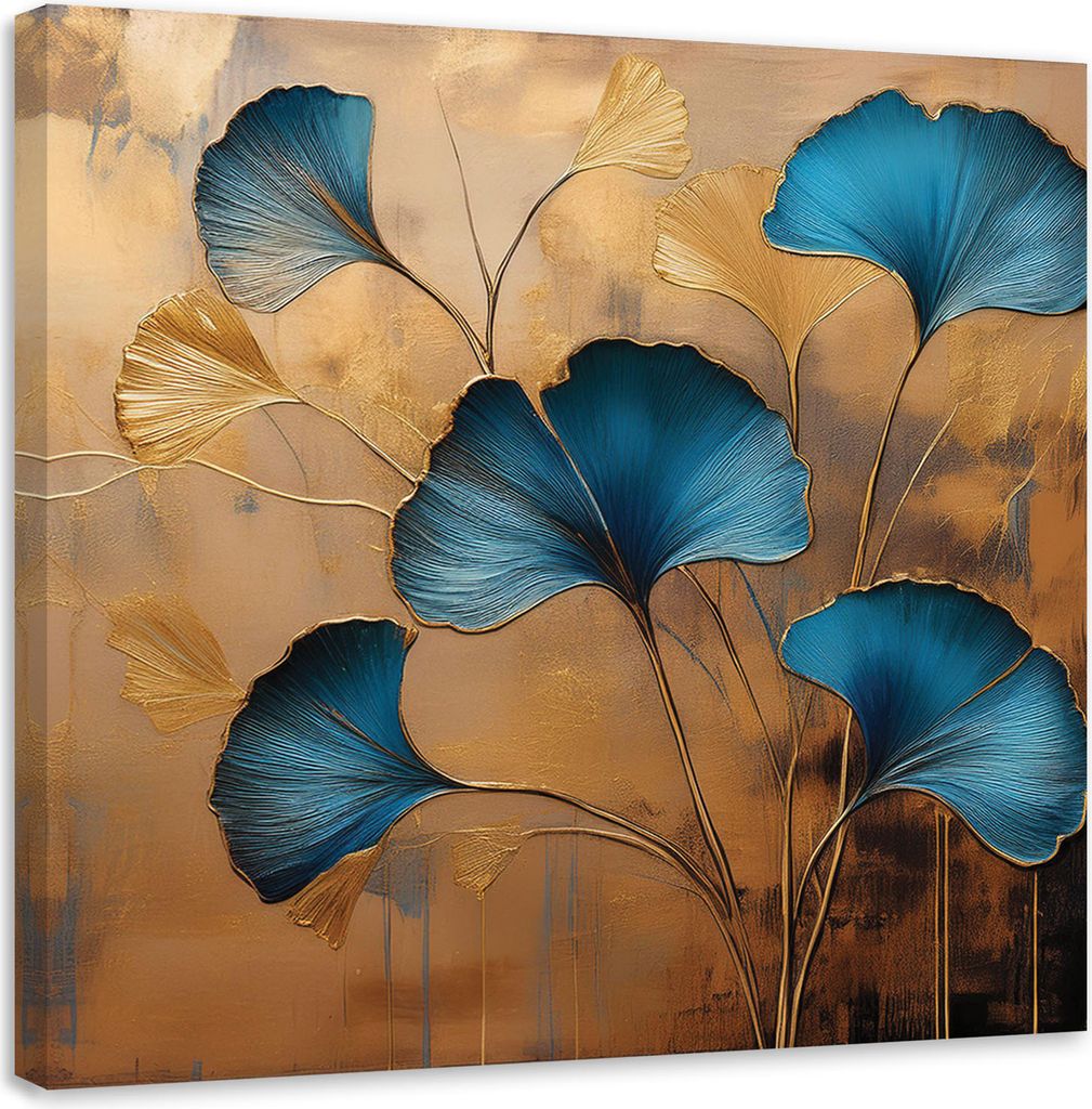 Leinwandbild Blumen Ginkgo Botanik Art Deco 40x40 Feeby Beige bild für die wand bereit zum aufhängen