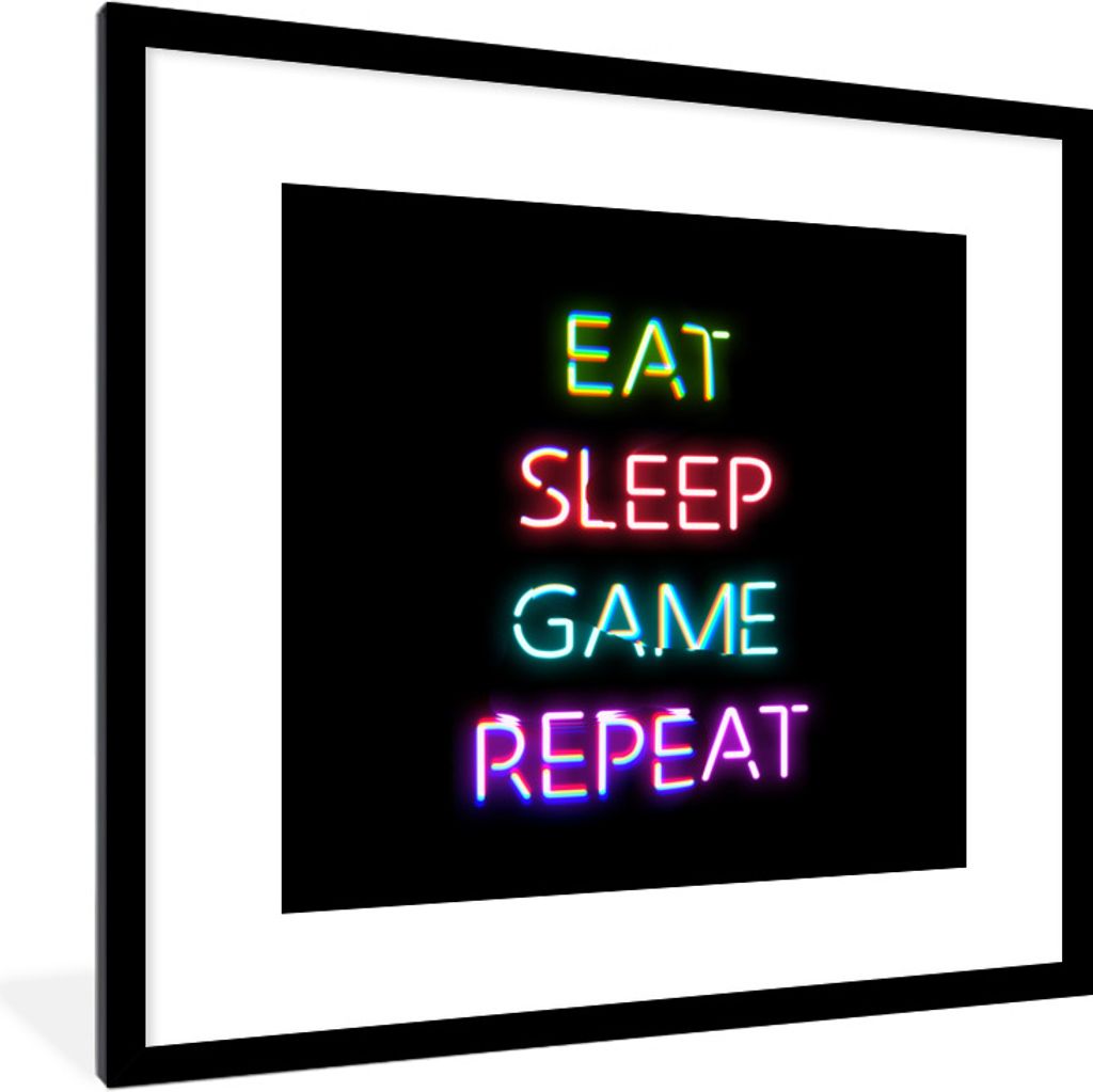 MuchoWow Gerahmtes Poster Gaming - Led - Zitat - Eat sleep game repeat - Gaming 40x40 cm - Poster mit Schwarzem Bilderrahmen Wandposter Rahmen Fo...