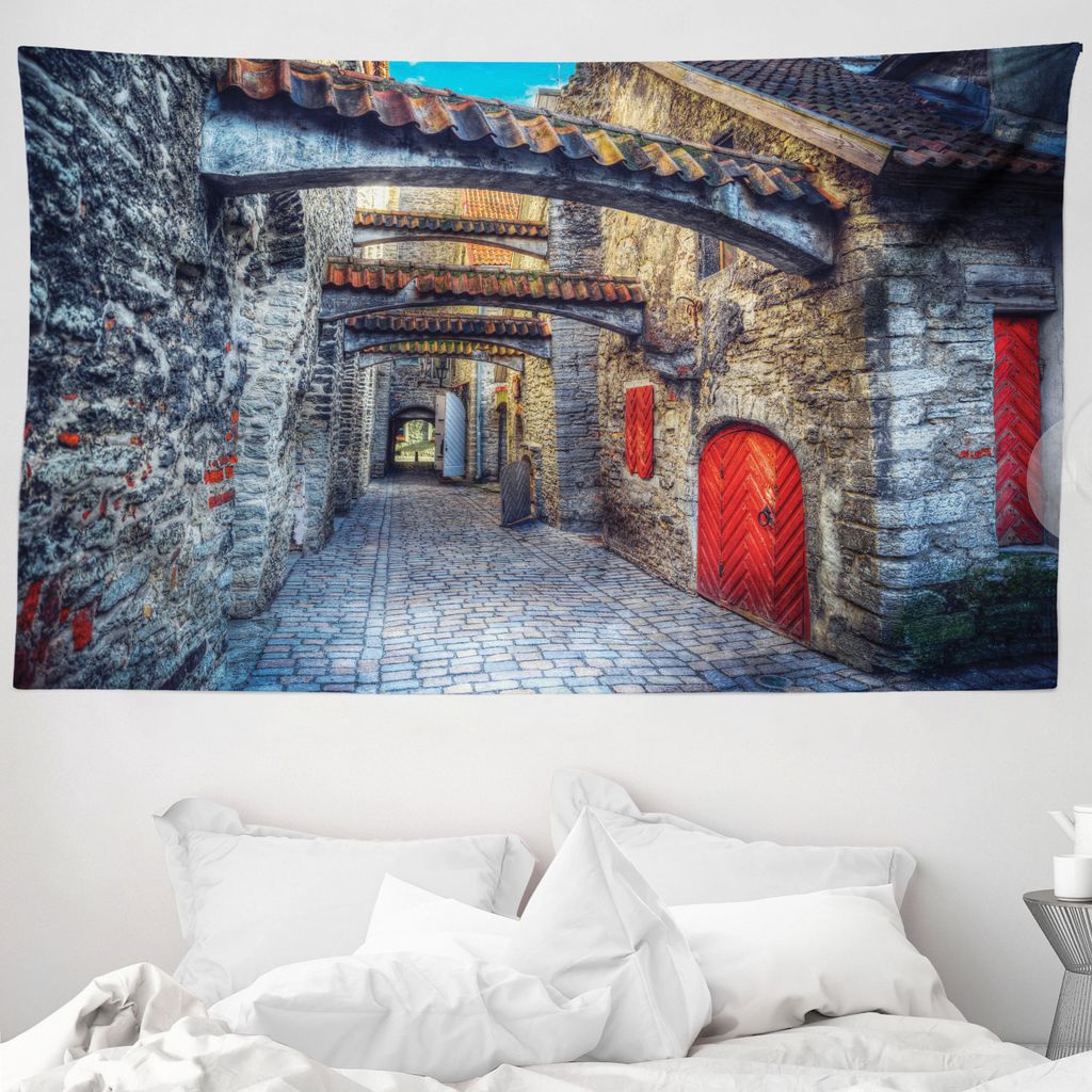 ABAKUHAUS Mittelalterlich Wandteppich, Old Stone House Stadt aus Weiches Mikrofaser Stoff Waschbar ohne Verblassen Digitaldruck, 230 x 140 cm, Brau...
