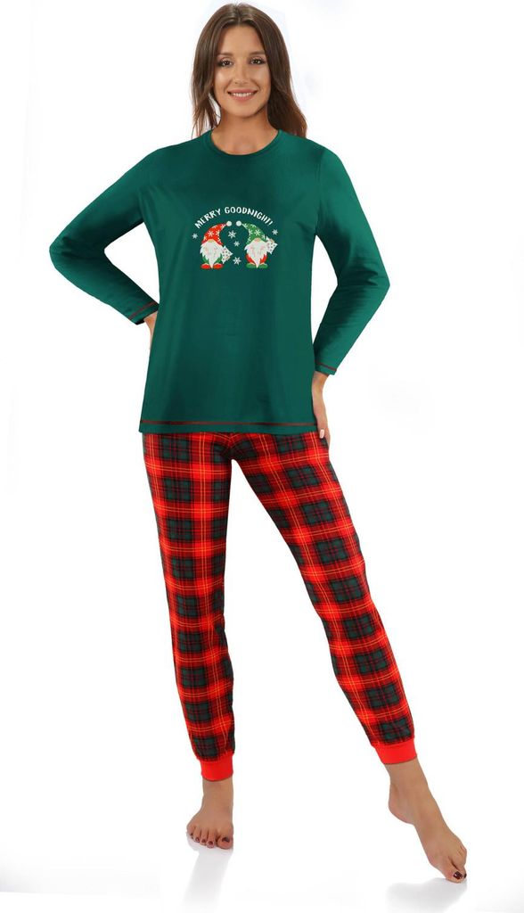 Sesto Senso Damen Schlafanzug - Hochwertige Baumwolle, Weihnachtliches Design, Langarmshirt mit Rundhals, Lange Hose mit Karo-Muster, Grün, Komfor...