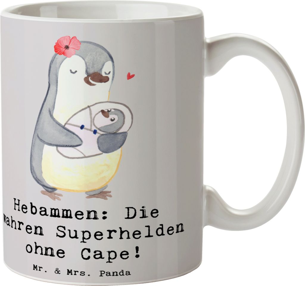 Mr. & Mrs. Panda Becher Hebamme Superheld - Grau Pastell - Geschenk, Mutter, Nachsorge, Kaffeebecher, Tasse, Berufsalltag, schöne, handgefertigte ...