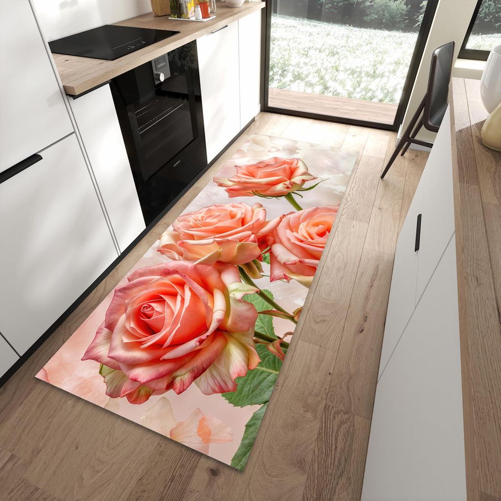 Küchenteppich 90x240cm rutschfest & abwischbar PVC Läufer - Rosen Bouquet