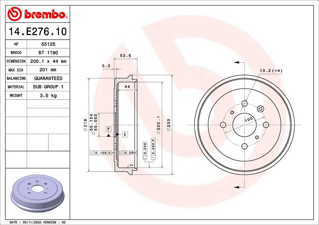Tambour de Frein Brembo 14.E276.10 Haute Résistance pour Aygo B1 et B4