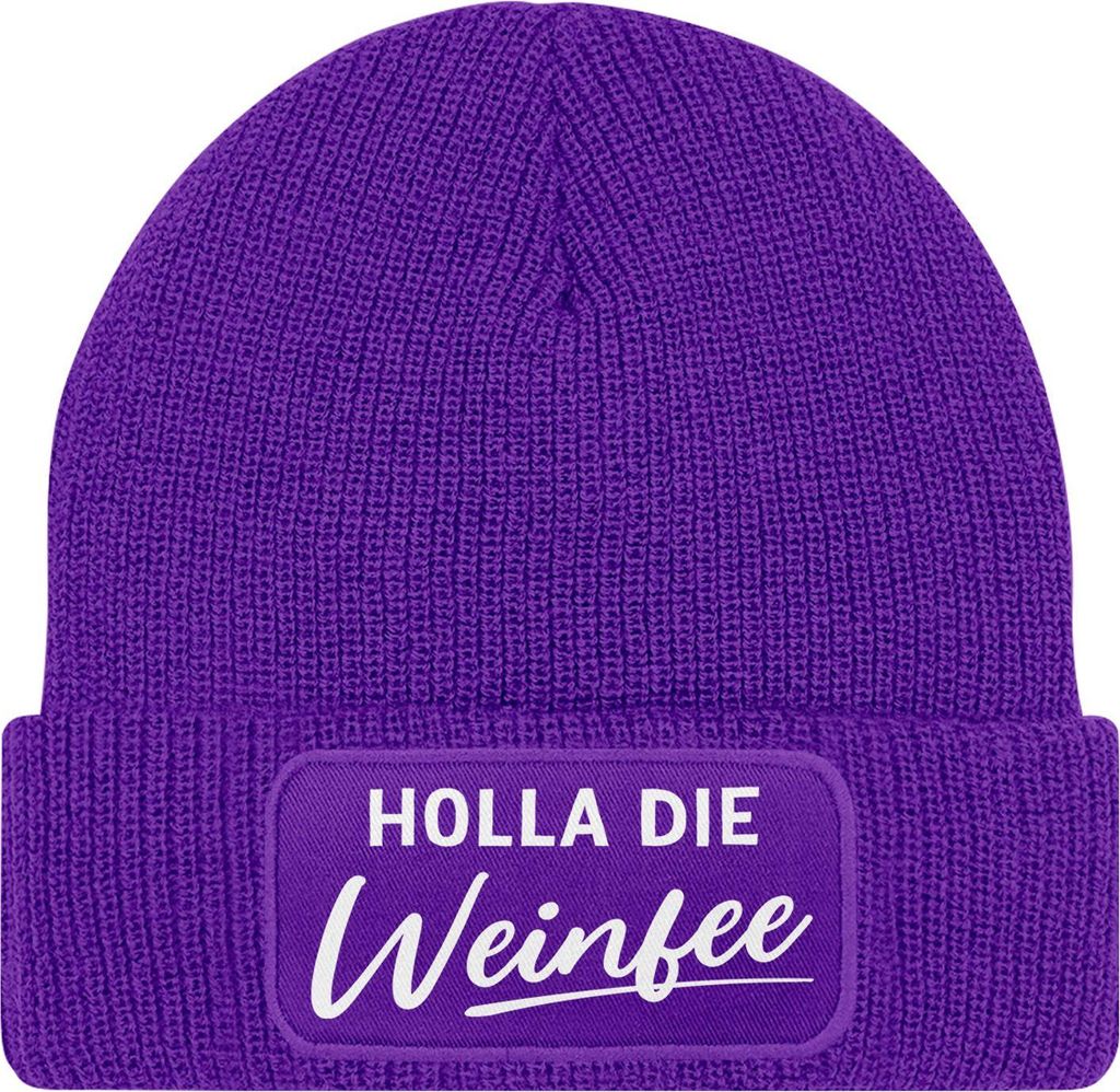 Damen Beanie mit Patch Strickmütze mit Spruch Holla die Weinfee Aufdruck Lustig Damenmütze Moonworks