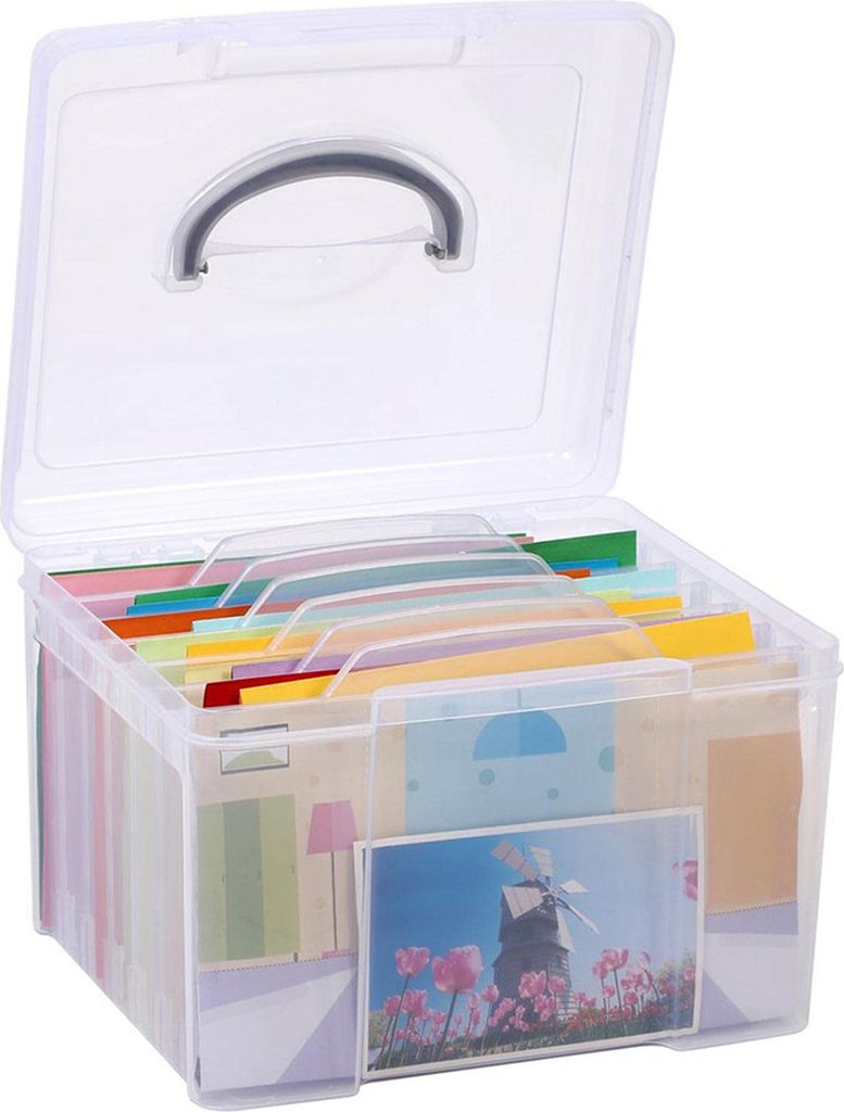 Foto-Organizer box mit 6 Trennwänden,Transparent Aktenhalter,Aufbewahrungsbox für Grußkarten zur Bildanzeige im Büro