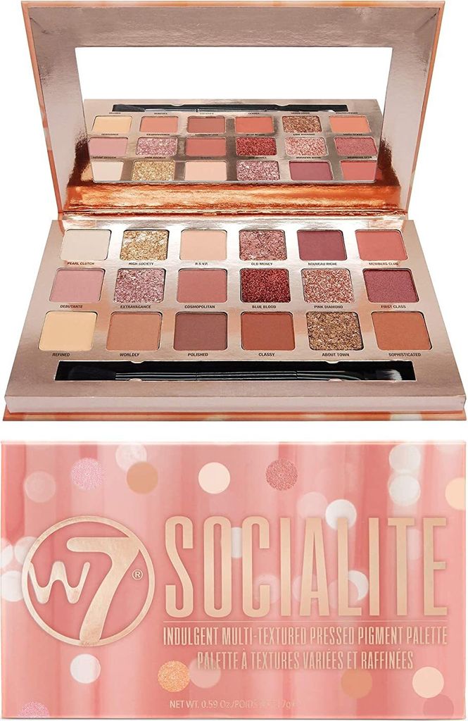 W7 Socialite Pressed Pigment Palette 18 Pink Nude Colors Flawless Long-Lasting Glam Makeup