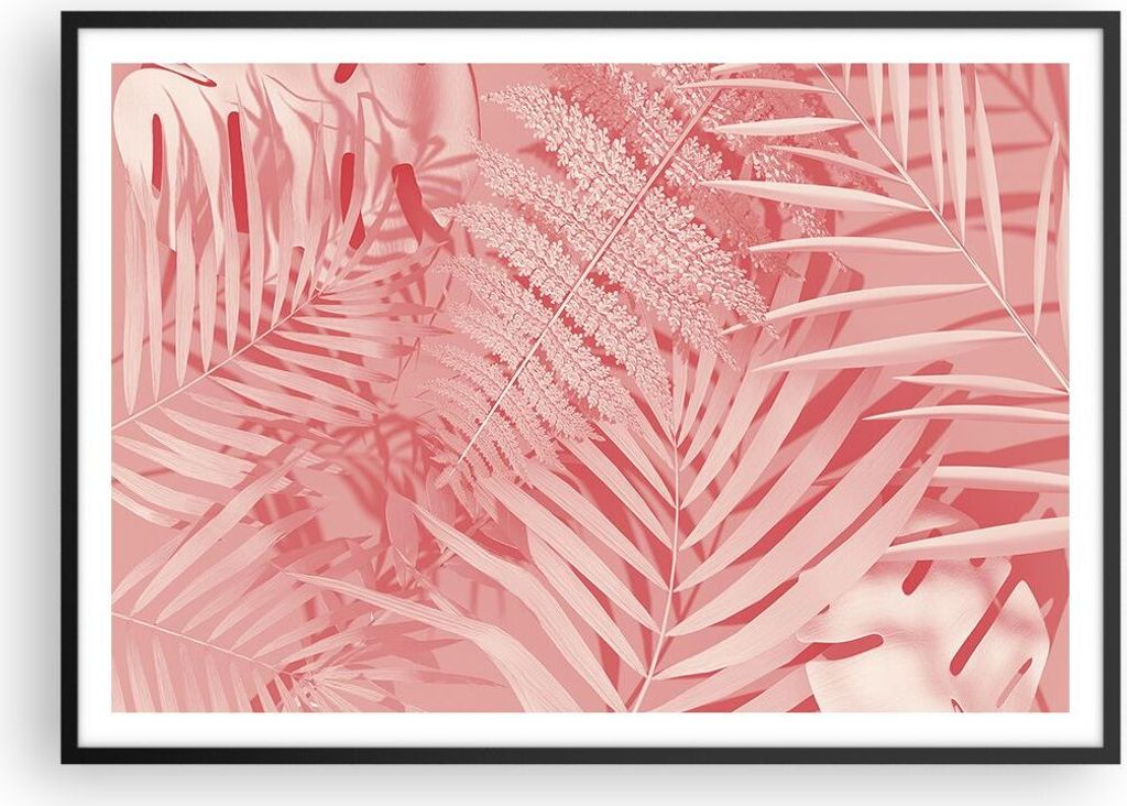 Gerahmtes Poster - Schwarzer Rahmen - Rosa Blätter Palmen - 100x70 cm - Wand Bild - Wanddeko - Wandbilder - Kunstposter - Wandposter - Bilderrahme...