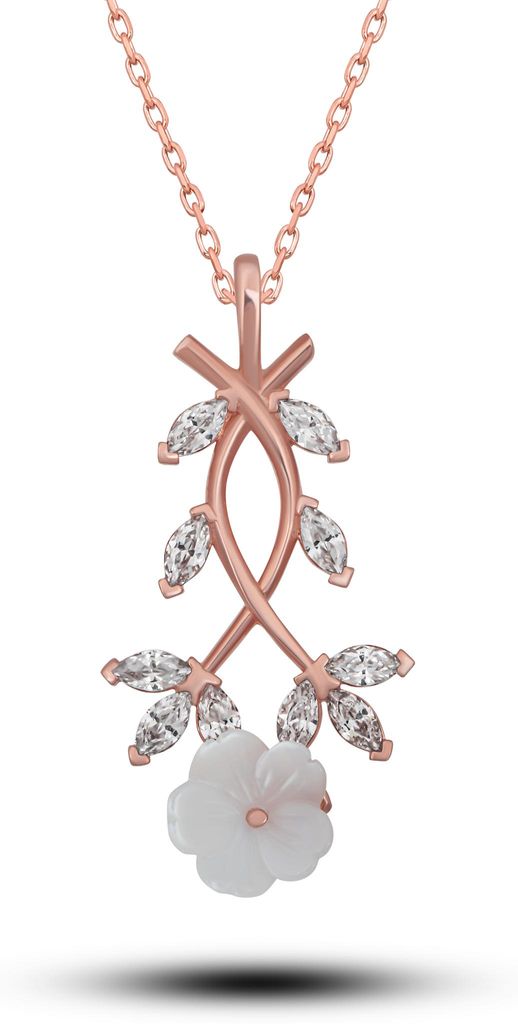 925 Silber Magnolien Kette Rosegold – Damen Halskette mit Zirkonia & Perlmutt-Blüte