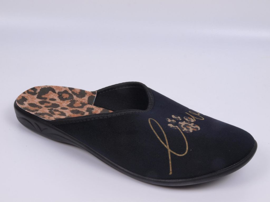 Damen Hausschuhe ADANEX SARA 29983 schwarz LOVE mit Leopardenmuster und geschlossener Spitze