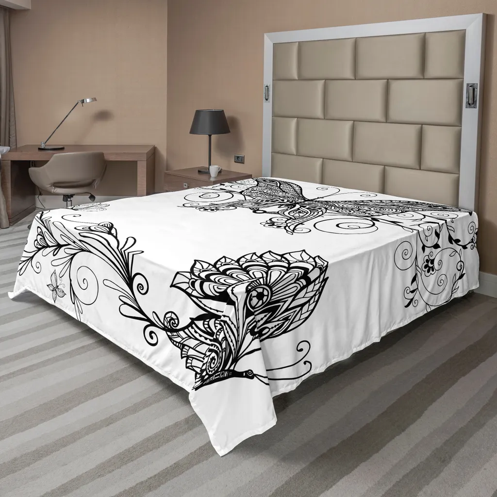 ABAKUHAUS Lenzuolo bianco e nero, motivo floreale a farfalle e mandala, design bohemien, stampa digitale, lenzuolo morbido e confortevole per un letto decorativo, 1 pezzo, 275 cm x 260 cm, bianco e nero
